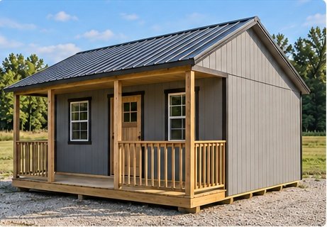 Illustration of 12 × 24 Porch Cabin, Covered 6-foot porch · Cabin style