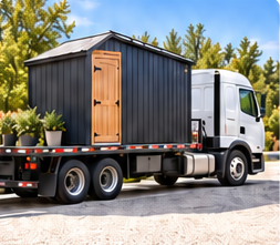 Illustration of a portable shed being transported